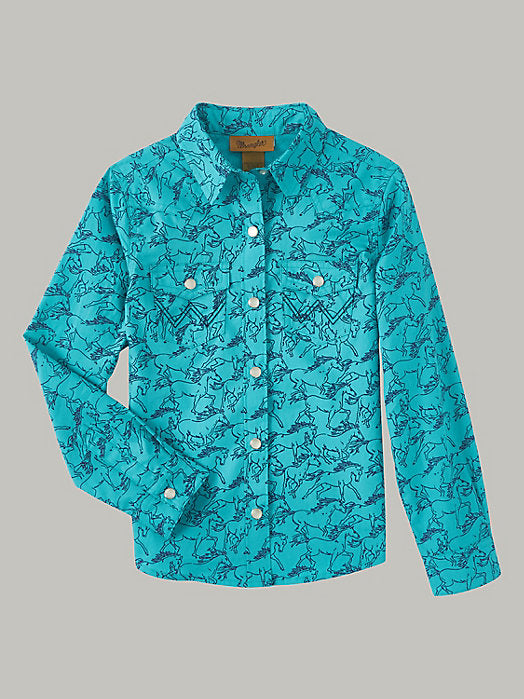 GIRL'S LONG SLEEVE COWGIRL HORSE PRINT WESTERN SNAP SHIRT IN TEAL