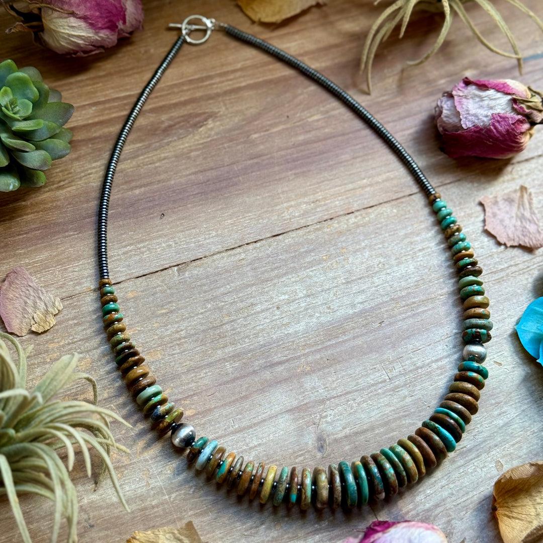 23” Dark Green Turquoise Graduated Necklace – Sterling Silver & Hematite Necklaces Shopify Collective The Bijoux FAB Jewelry The Bijoux FAB Jewelry