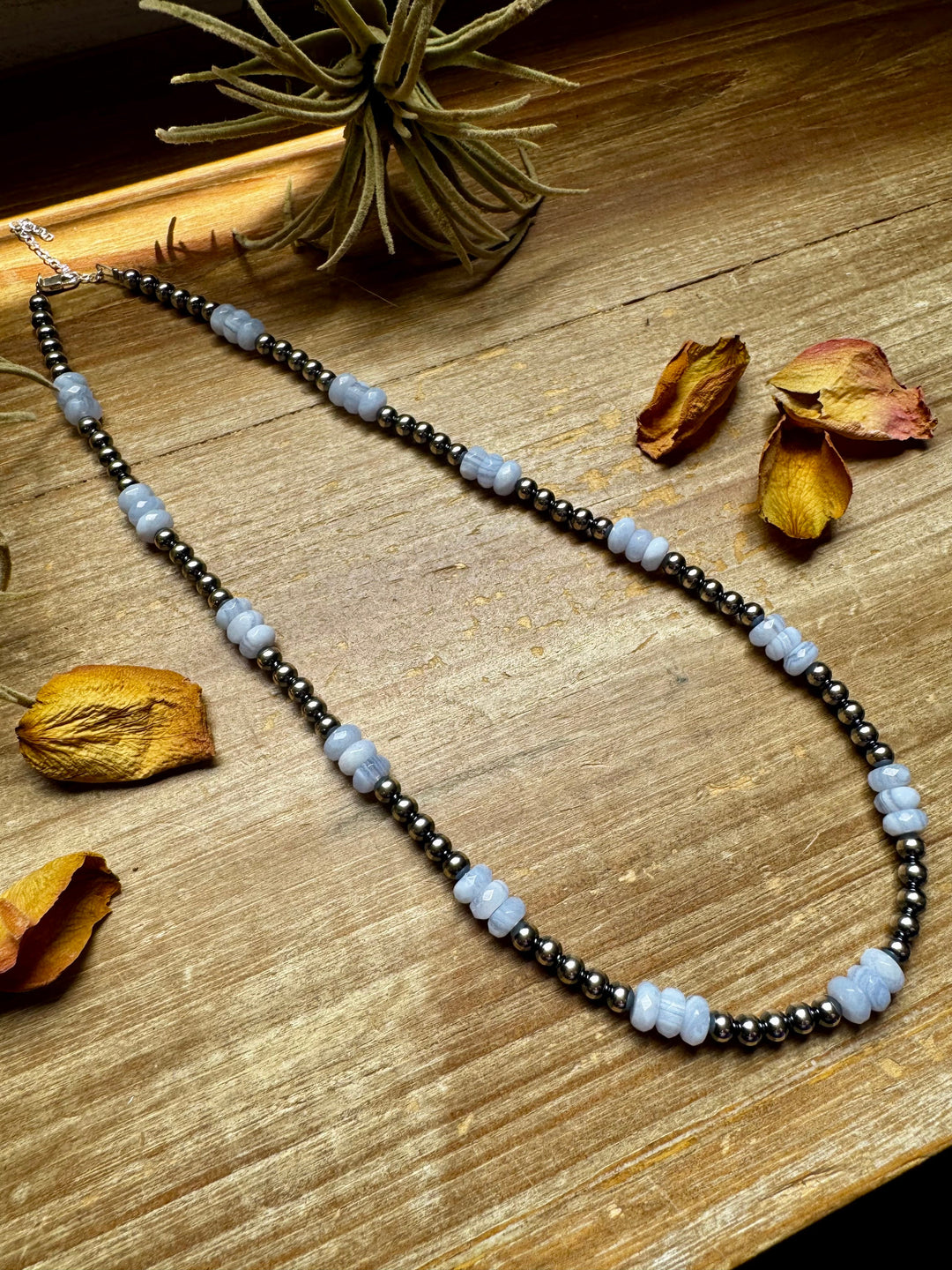Blue Lace Agate & Sterling Silver Pearl Necklace – 20 ½” Plus Extender Necklaces Shopify Collective The Bijoux FAB Jewelry The Bijoux FAB Jewelry