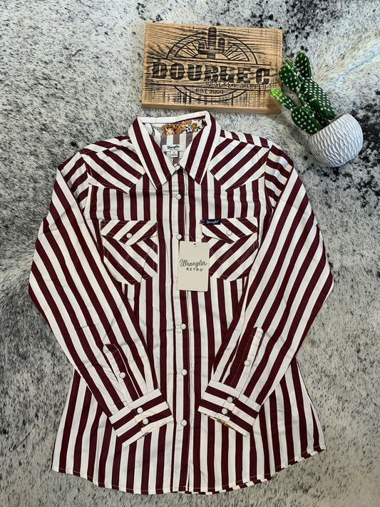 WOMEN'S WRANGLER ALL OCCASION WESTERN SNAP SHIRT IN BURGUNDY STRIPE Shirts & Tops Wrangler