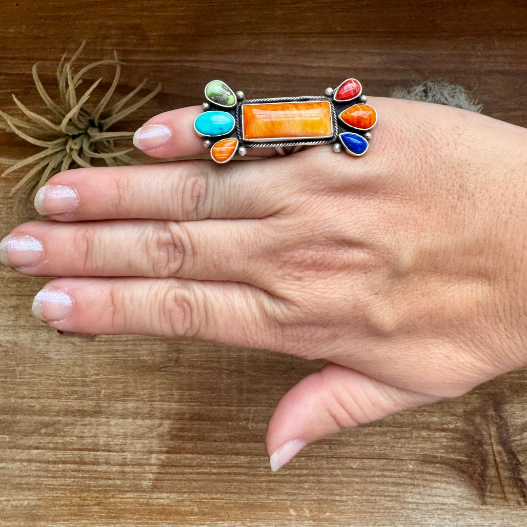 Long Ring- Size 5 - mix stone turquoise, spiny and sterling silver ring Shopify Collective The Bijoux FAB Jewelry The Bijoux FAB Jewelry