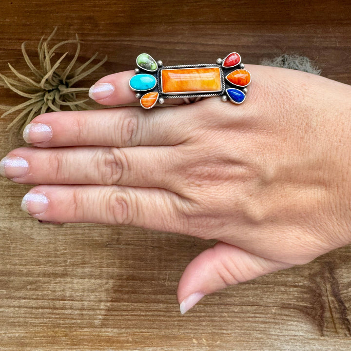 Long Ring- Size 5 - mix stone turquoise, spiny and sterling silver ring Shopify Collective The Bijoux FAB Jewelry The Bijoux FAB Jewelry