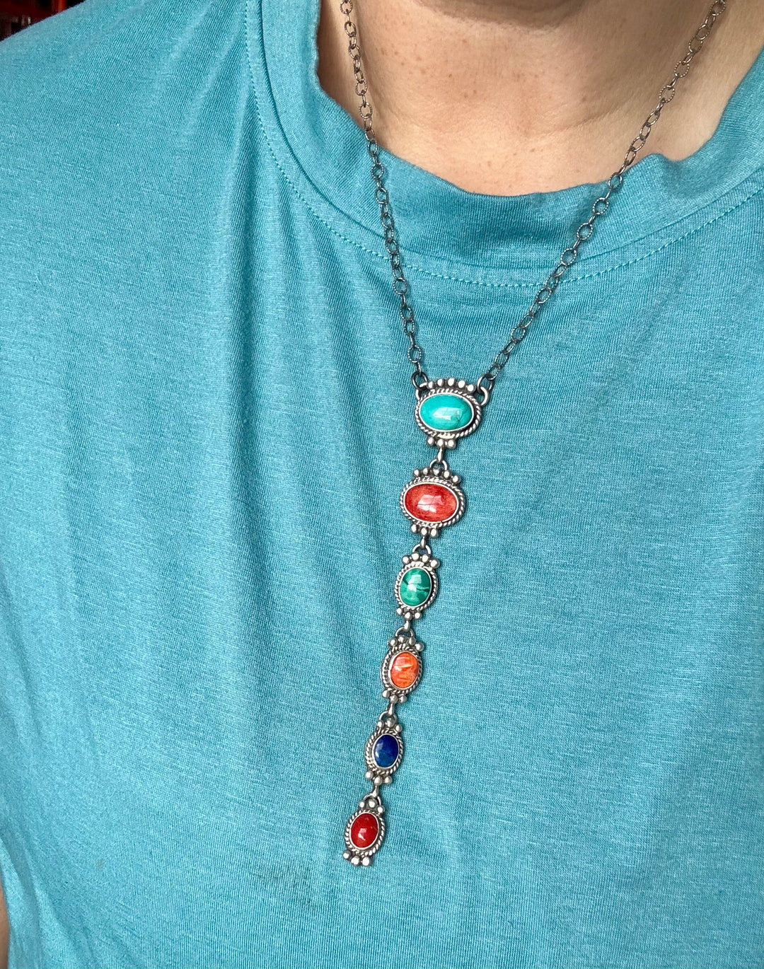 Sterling Silver Lariat Necklace – Native Made – Turquoise, Spiny, & Lapis Charms – One of a Kind necklaces Shopify Collective The Bijoux FAB Jewelry The Bijoux FAB Jewelry