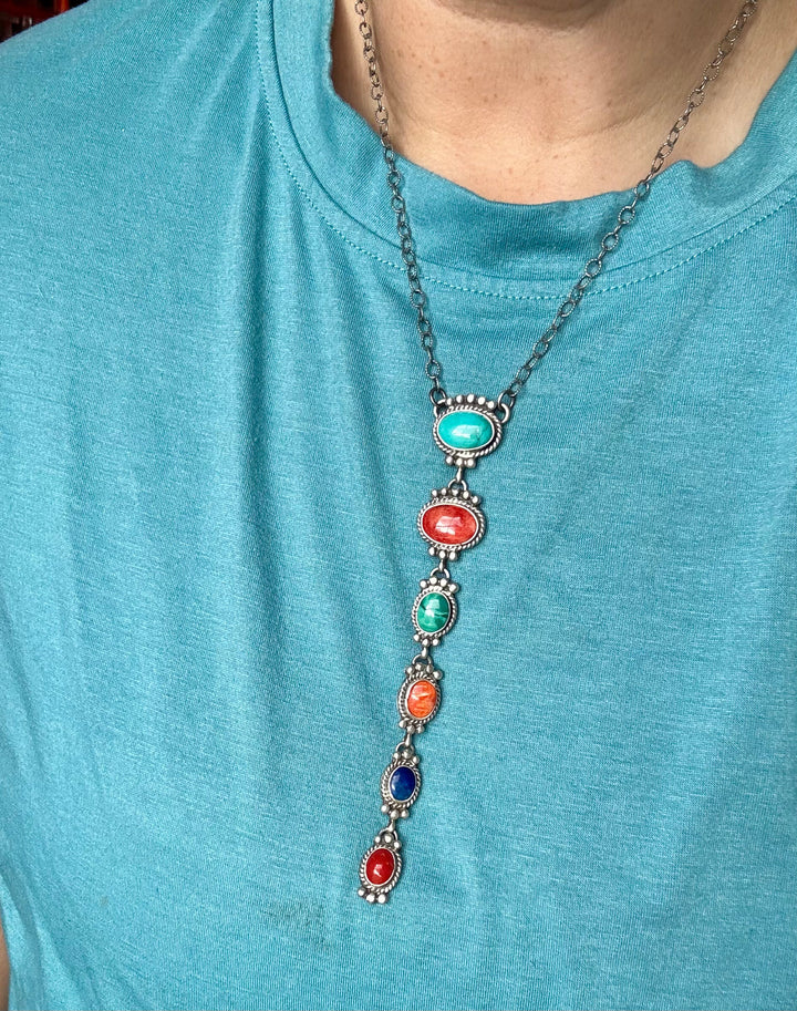 Sterling Silver Lariat Necklace – Native Made – Turquoise, Spiny, & Lapis Charms – One of a Kind necklaces Shopify Collective The Bijoux FAB Jewelry The Bijoux FAB Jewelry