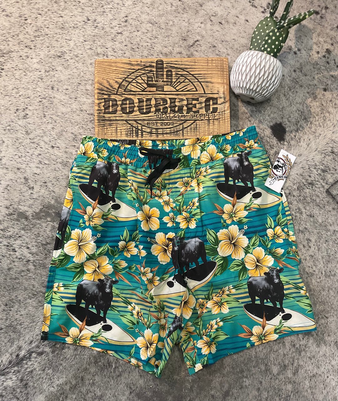 Cinch Men's Swim Trunks Teal with Surfing Cows MB58135010 Swim Trunks cinch Men's Shorts Swim Trunk Cinch