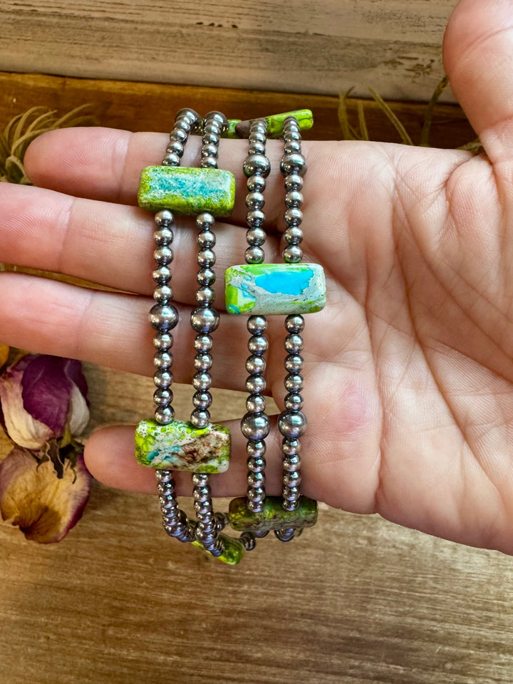 Green/Blue Double Strand Necklace – 13” Beaded – Sterling Silver Pearls & Rectangle Variscite Turquoise Choker Shopify Collective The Bijoux FAB Jewelry The Bijoux FAB Jewelry