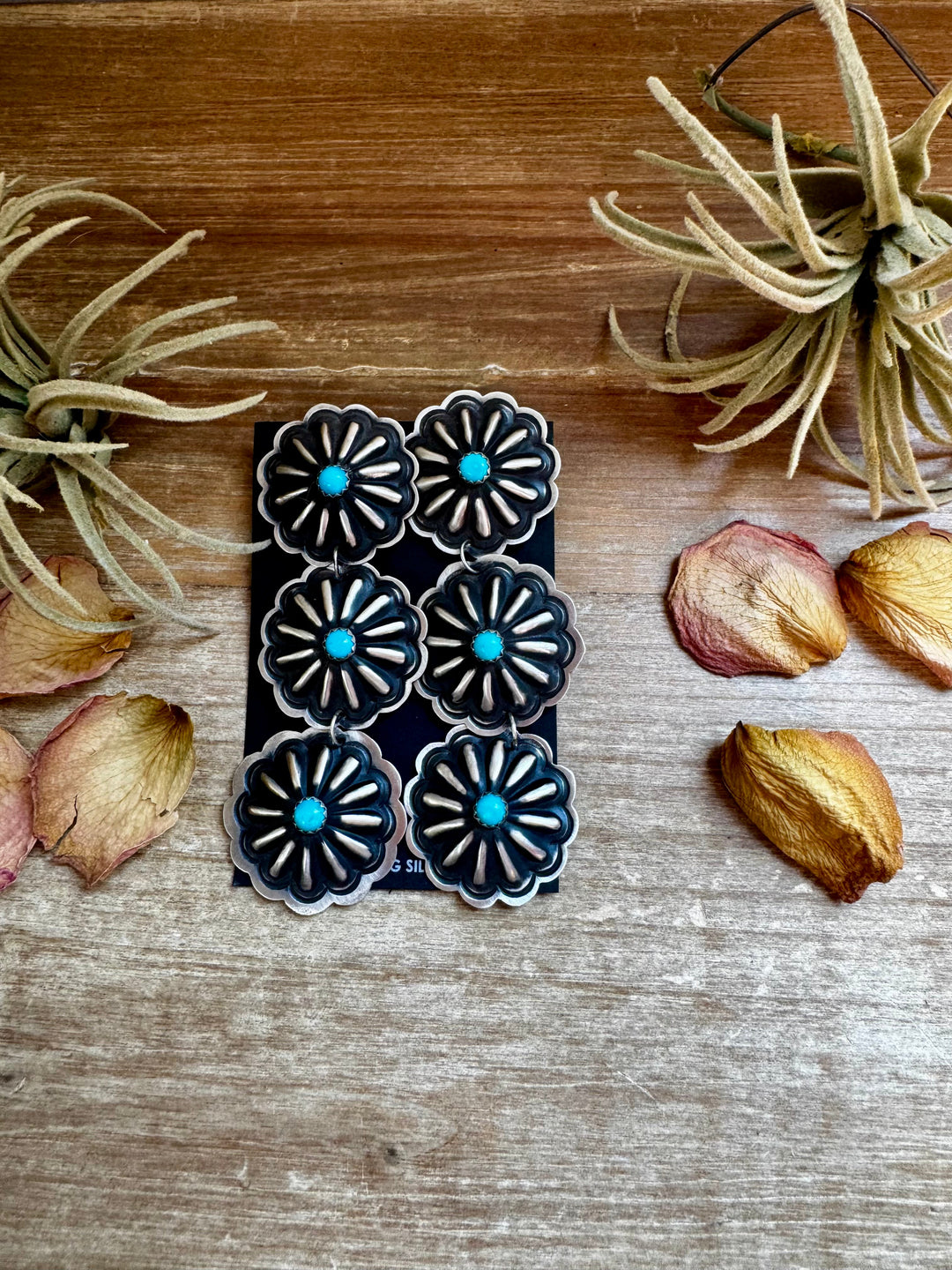 Triple Concho Dangle Earrings with Kingman Turquoise – Sterling Silver, Post Top Earrings Shopify Collective The Bijoux FAB Jewelry The Bijoux FAB Jewelry