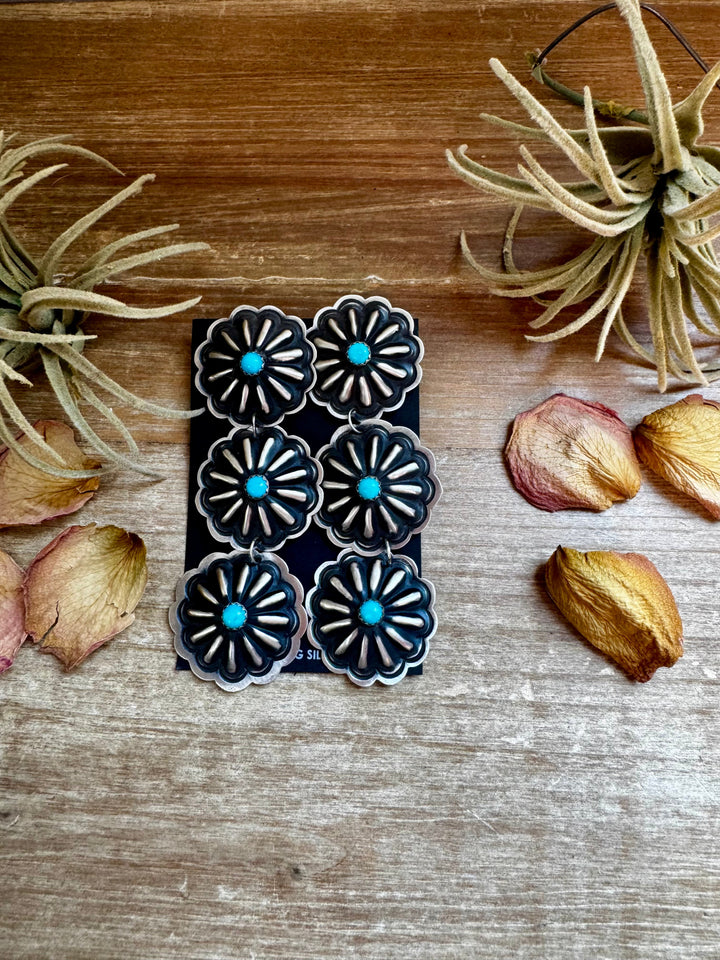 Triple Concho Dangle Earrings with Kingman Turquoise – Sterling Silver, Post Top Earrings Shopify Collective The Bijoux FAB Jewelry The Bijoux FAB Jewelry