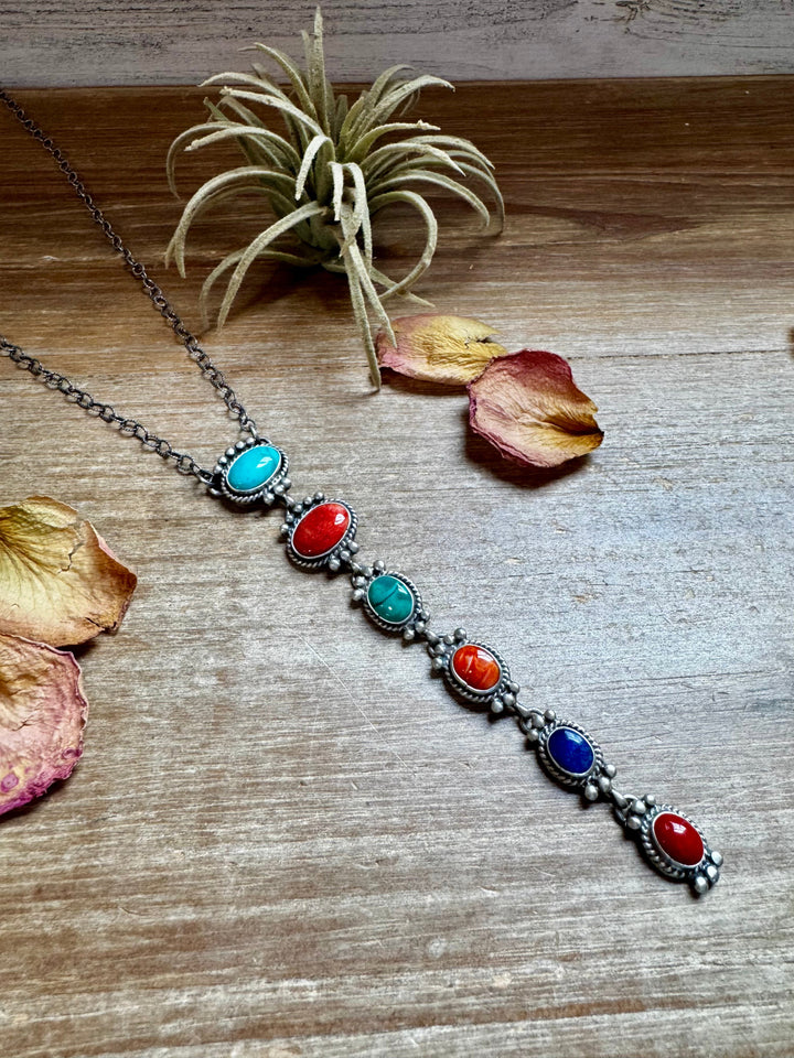 Sterling Silver Lariat Necklace – Native Made – Turquoise, Spiny, & Lapis Charms – One of a Kind necklaces Shopify Collective The Bijoux FAB Jewelry The Bijoux FAB Jewelry