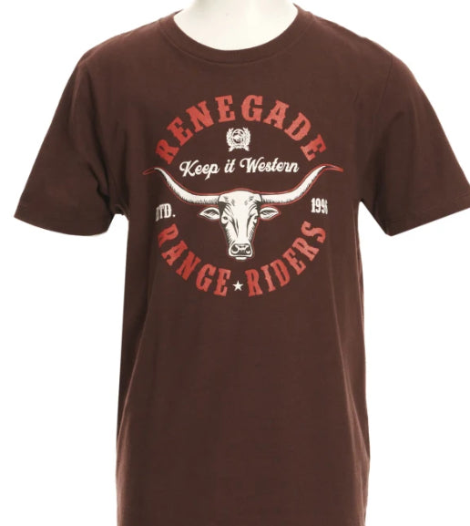 Cinch Boy's Chocolate Renegade Range Riders Long Horn Logo Graphic Short Sleeve T-Shirt T Shirts Cinch