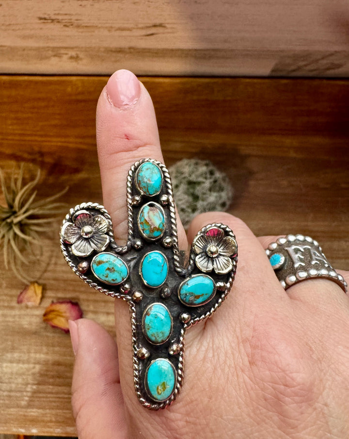 Blue Turquoise Cactus Ring with flower - Adjustable - Brass silver ring Shopify Collective The Bijoux FAB Jewelry The Bijoux FAB Jewelry