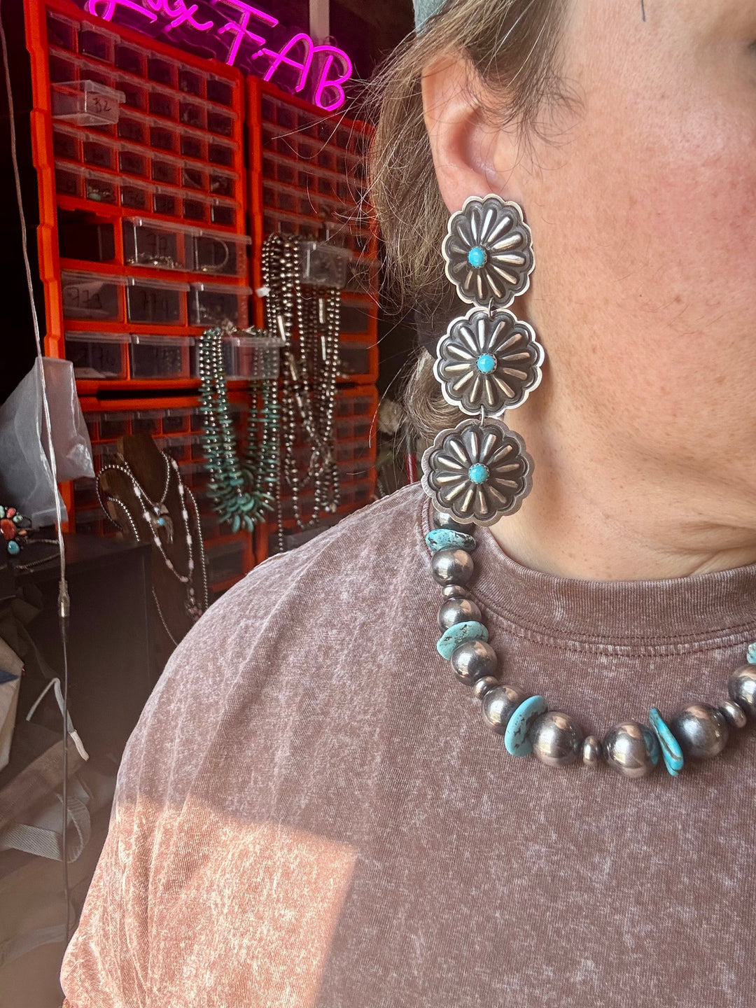 Triple Concho Dangle Earrings with Kingman Turquoise – Sterling Silver, Post Top Earrings Shopify Collective The Bijoux FAB Jewelry The Bijoux FAB Jewelry