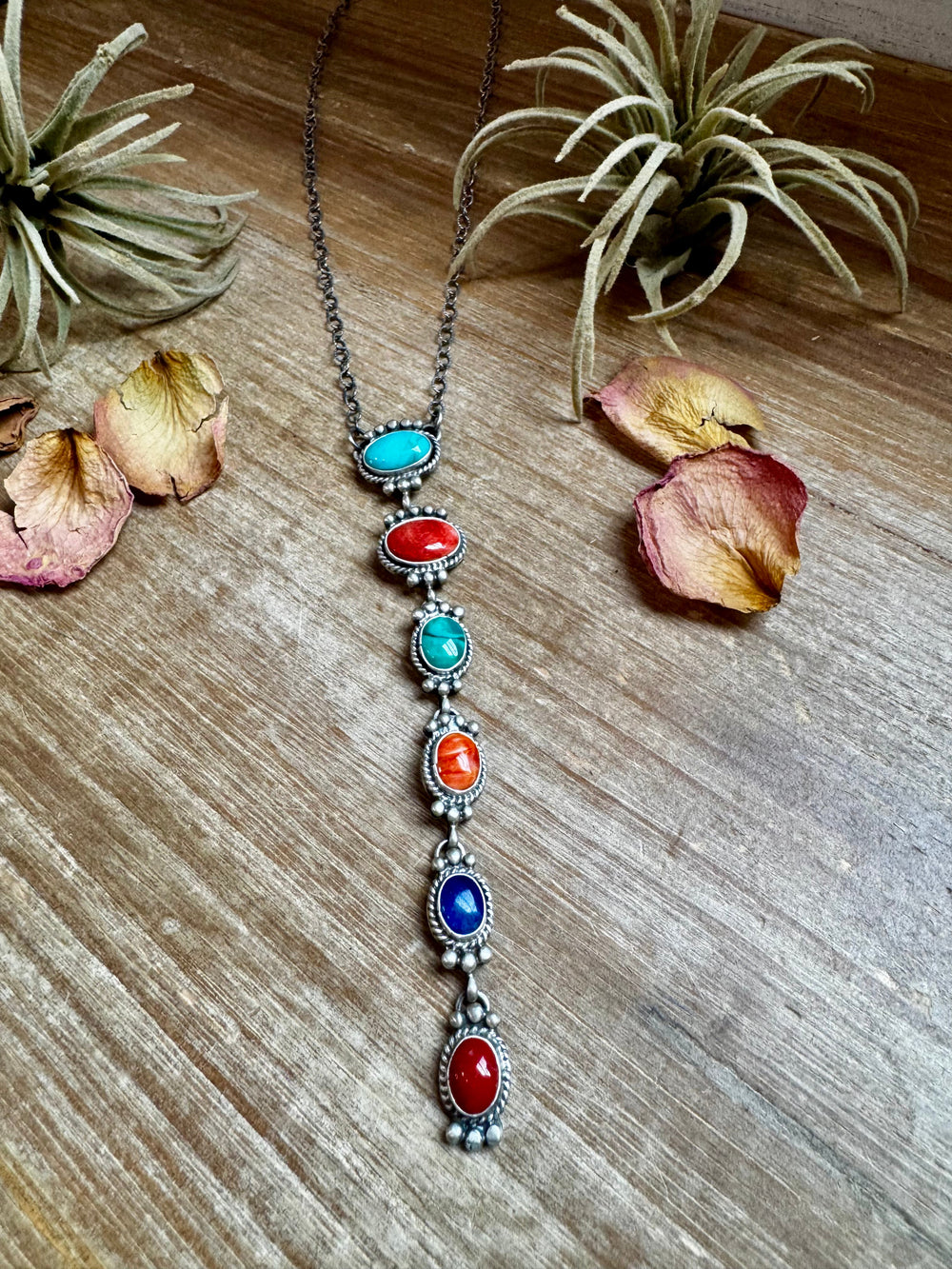 Sterling Silver Lariat Necklace – Native Made – Turquoise, Spiny, & Lapis Charms – One of a Kind necklaces Shopify Collective The Bijoux FAB Jewelry The Bijoux FAB Jewelry