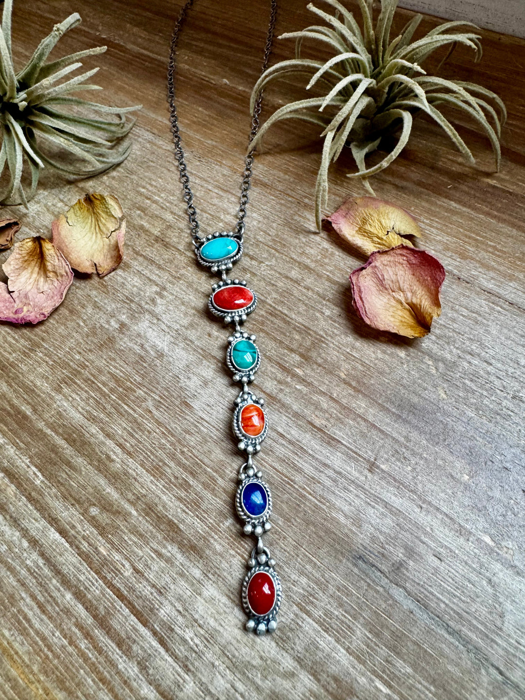 Sterling Silver Lariat Necklace – Native Made – Turquoise, Spiny, & Lapis Charms – One of a Kind necklaces Shopify Collective The Bijoux FAB Jewelry The Bijoux FAB Jewelry