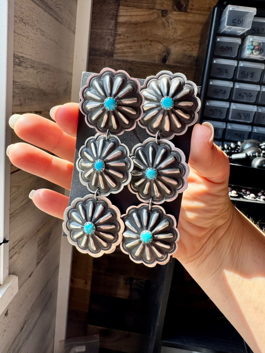 Triple Concho Dangle Earrings with Kingman Turquoise – Sterling Silver, Post Top Earrings Shopify Collective The Bijoux FAB Jewelry The Bijoux FAB Jewelry
