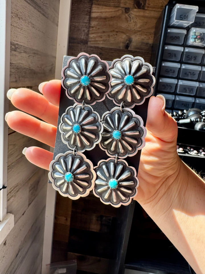 Triple Concho Dangle Earrings with Kingman Turquoise – Sterling Silver, Post Top Earrings Shopify Collective The Bijoux FAB Jewelry The Bijoux FAB Jewelry