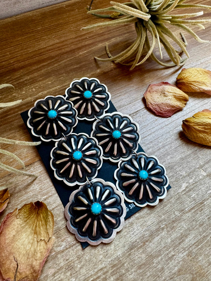 Triple Concho Dangle Earrings with Kingman Turquoise – Sterling Silver, Post Top Earrings Shopify Collective The Bijoux FAB Jewelry The Bijoux FAB Jewelry
