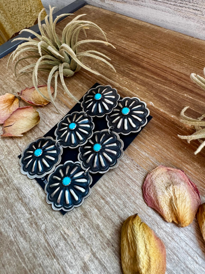 Triple Concho Dangle Earrings with Kingman Turquoise – Sterling Silver, Post Top Earrings Shopify Collective The Bijoux FAB Jewelry The Bijoux FAB Jewelry
