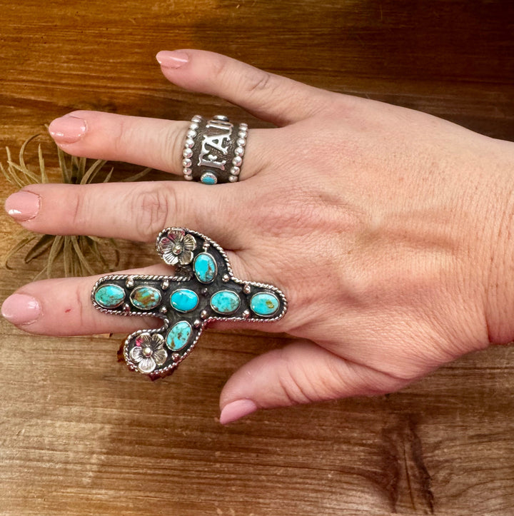Blue Turquoise Cactus Ring with flower - Adjustable - Brass silver ring Shopify Collective The Bijoux FAB Jewelry The Bijoux FAB Jewelry