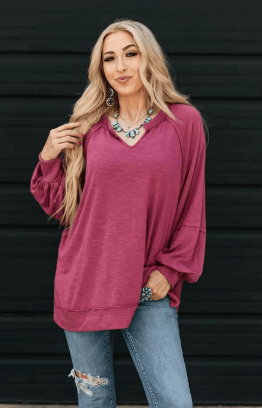 Flowy Split Neck Top- Autumn Rose Shirt Faire