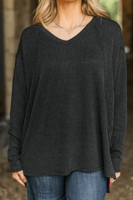Curly Rib V Neck Long Sleeve Top Shirt Faire