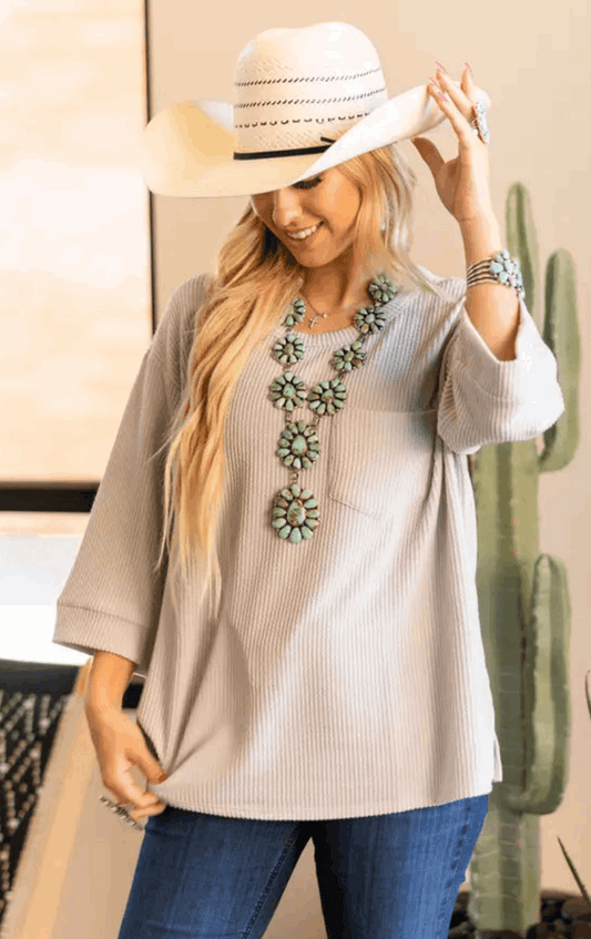 Ribbed 3/4 Sleeve Knit Top Shirt Faire