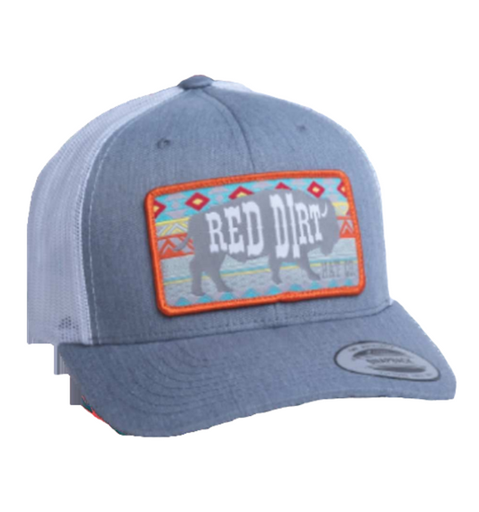 Red Dirt Hat Co. Heather Grey and White Mesh Cap with Aztec Buffalo Patch Cap Red Dirt