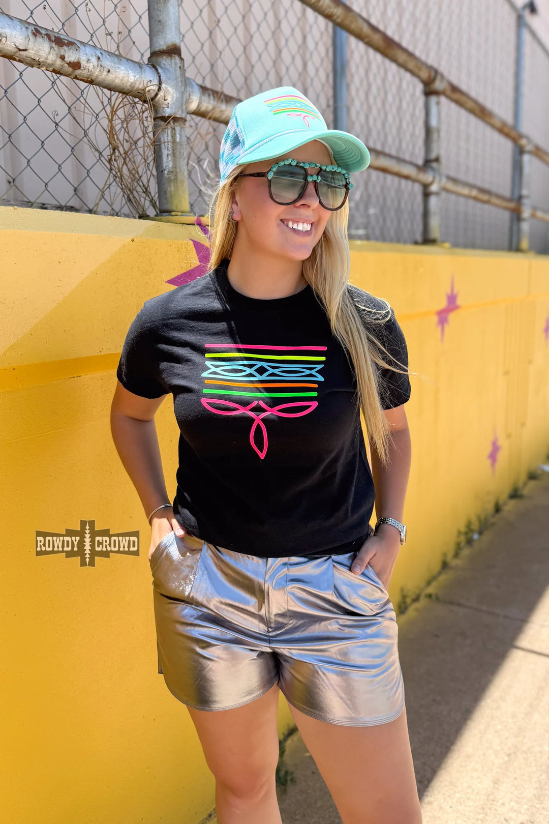 Rowdy Crowd BLACK- Neon Boot Stitch Tee RC111