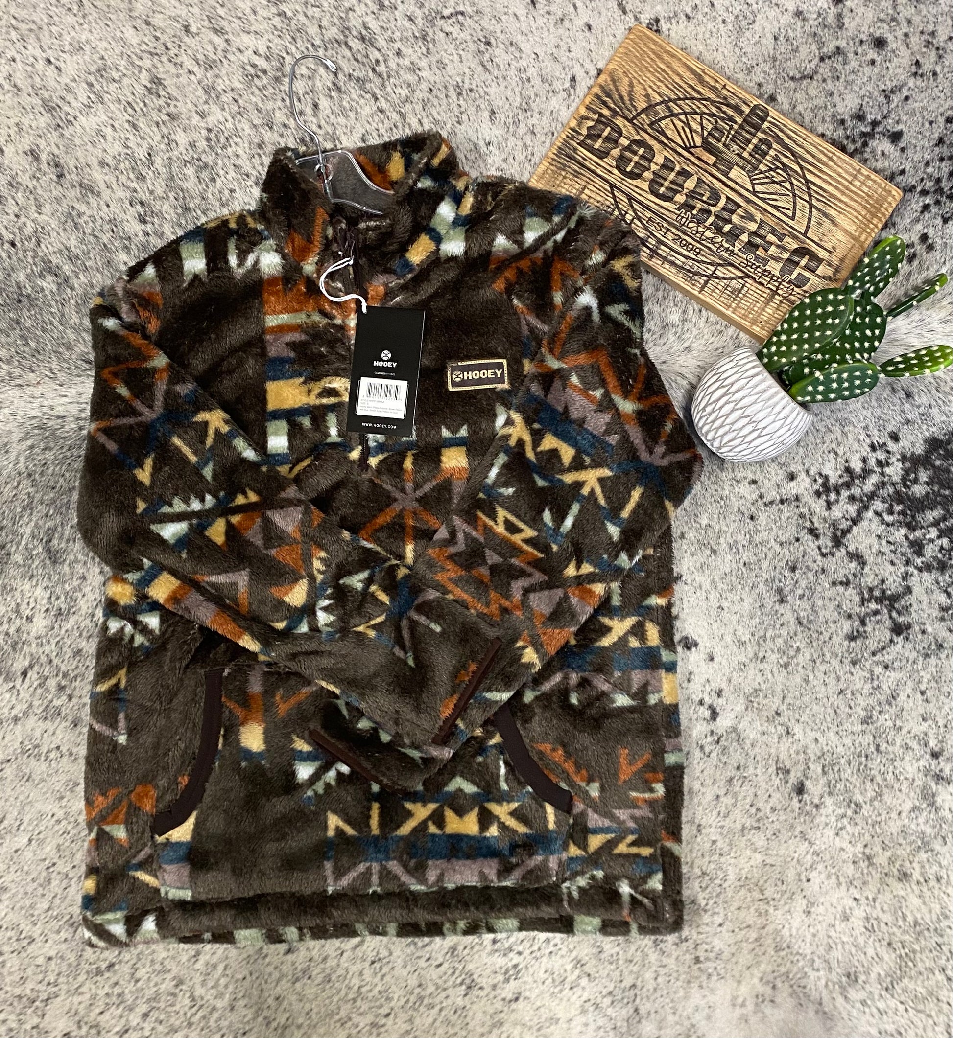 Hooey Men's Fleece Pullover Brown with Blue Aztec Pattern – Double