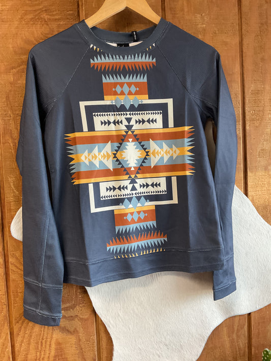Cinch Women's L/S Raglan Shirt Blue Aztec Print CTK7522002