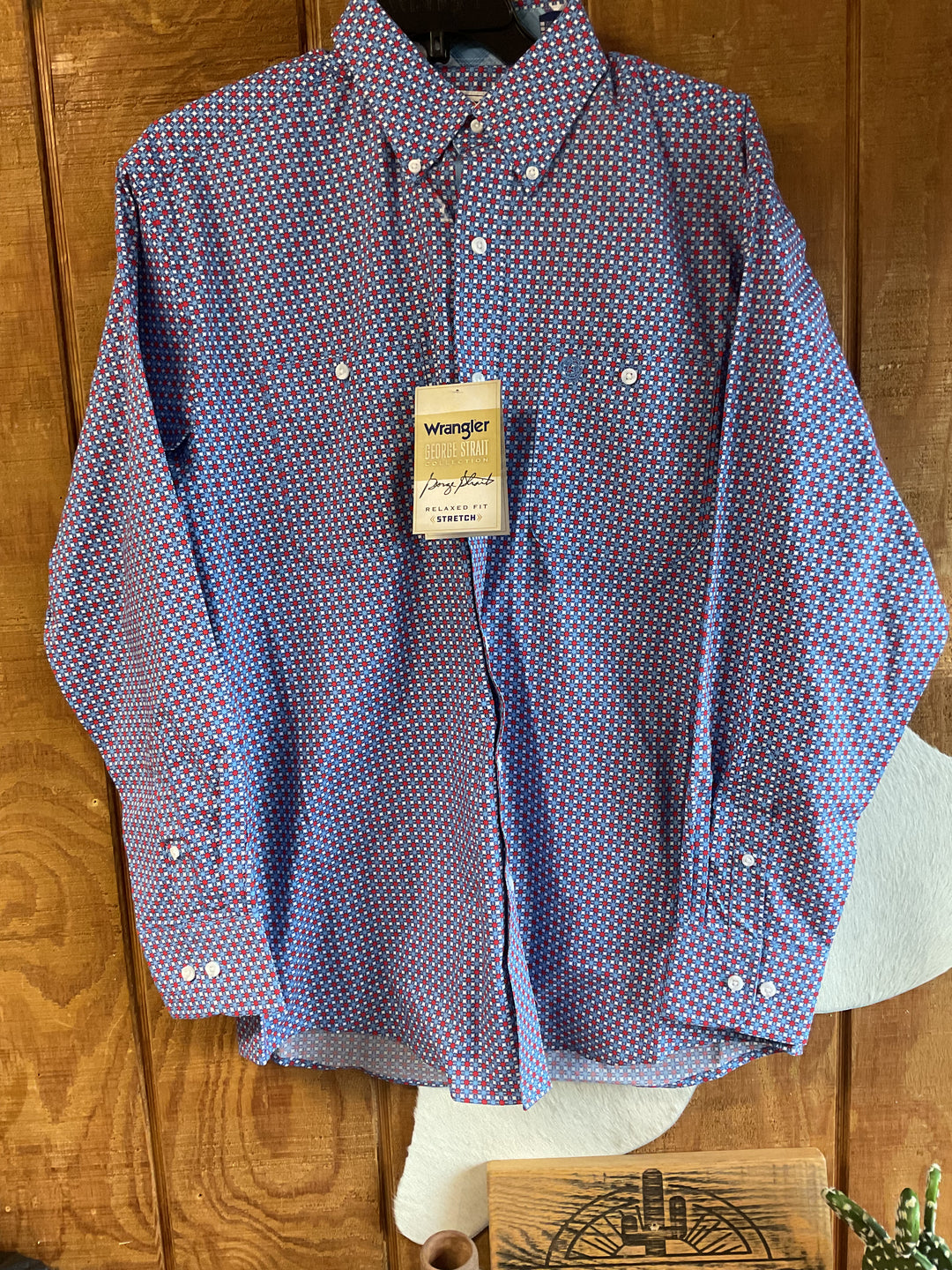 Wrangler® George Strait Collection Two Pocket Long Sleeve Shirt Blue/Red | 112379064 Shirt Button Up Long Sleeve Men's Wrangler Wrangler