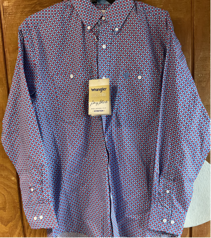 Wrangler® George Strait Collection Two Pocket Long Sleeve Shirt Blue/Red | 112379064 Shirt Button Up Long Sleeve Men's Wrangler Wrangler