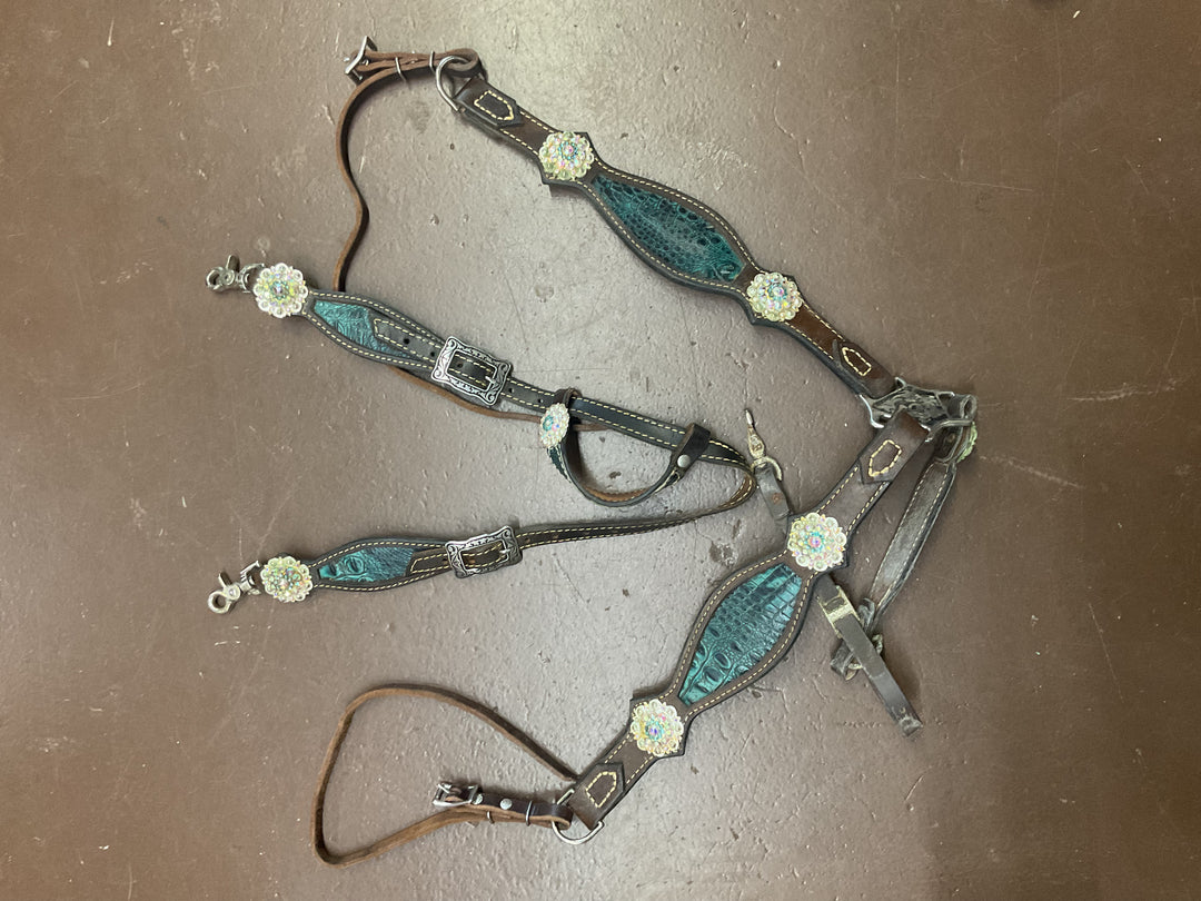 Used Head Stall/Breast Collar Set Croc Print Headstall and Breast Collar Set Breast Collar Head Stall Tack Double C Western Supply