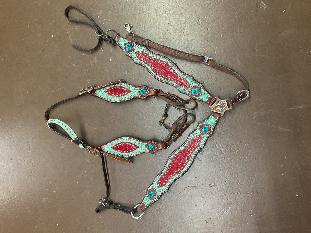 Used Head Stall/Breast Collar Set Red/Green Headstall and Breast Collar Set Breast Collar Head Stall Tack Double C Western Supply