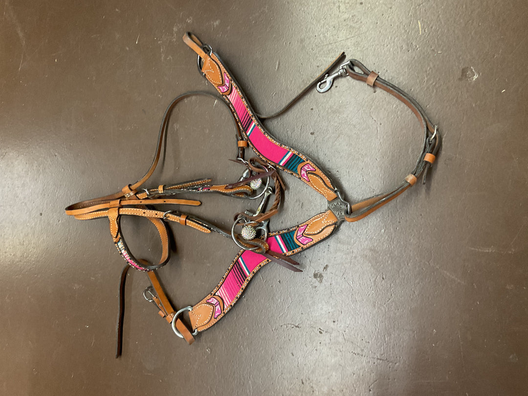 Used Alamo Head Stall/Breast Collar Set Pink/Green Headstall and Breast Collar Set Breast Collar Head Stall Tack Double C Western Supply