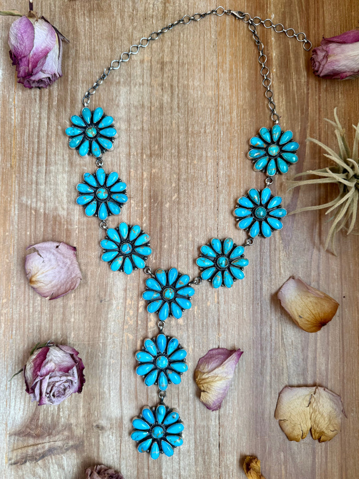 Sterling Silver Kingman Turquoise Flower Lariat Necklace – 25 Inch + 5½ Inch Drop – Native Made by A. Spencer – USA Made Necklaces Shopify Collective The Bijoux FAB Jewelry The Bijoux FAB Jewelry