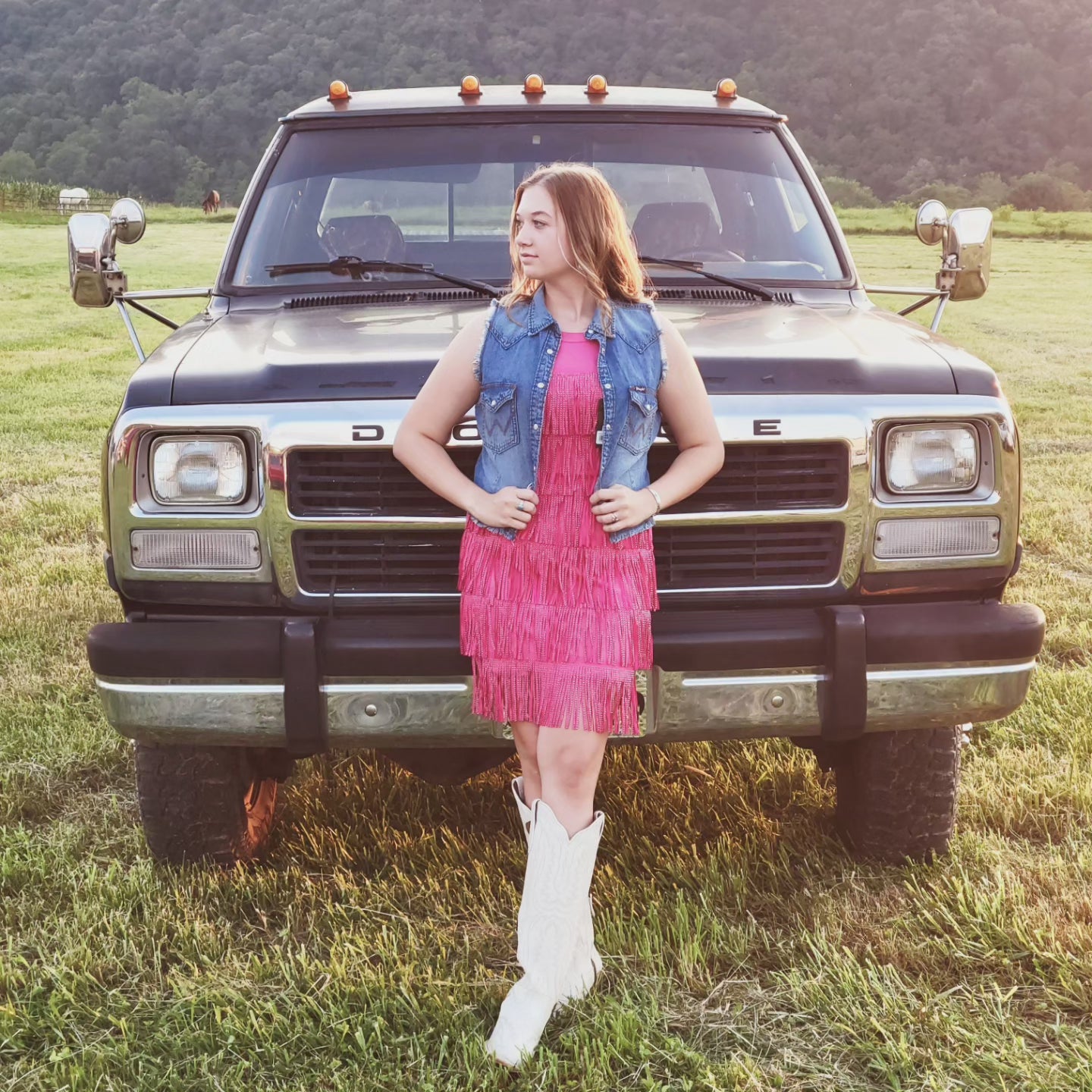 Hot Pink Rhinestones Fringe Tier Dress Double C Western Supply