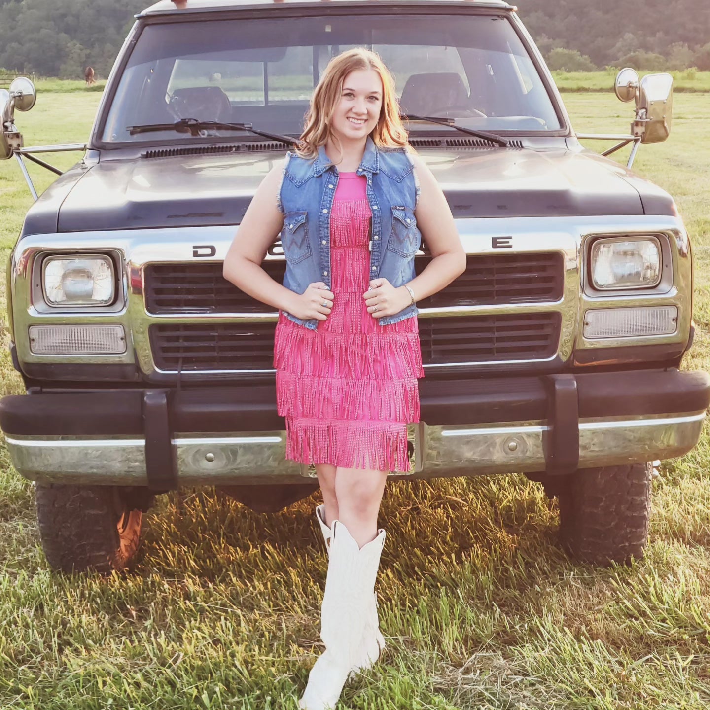 Hot Pink Rhinestones Fringe Tier Dress Double C Western Supply