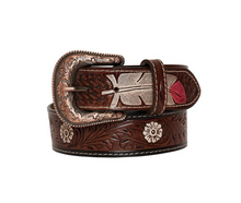 Load image into Gallery viewer, PINK FEATHER HAND-TOOLED LEATHER BELT
