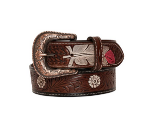 PINK FEATHER HAND-TOOLED LEATHER BELT