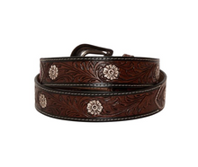 Load image into Gallery viewer, PINK FEATHER HAND-TOOLED LEATHER BELT
