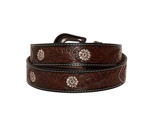 PINK FEATHER HAND-TOOLED LEATHER BELT