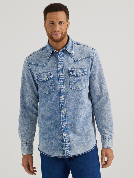 Wrangler® Vintage Inspired Long Sleeve Denim Shirt - Blue Denim Shirt Wrangler