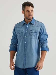 Wrangler® Vintage Inspired Long Sleeve Denim Shirt - Medium Wash