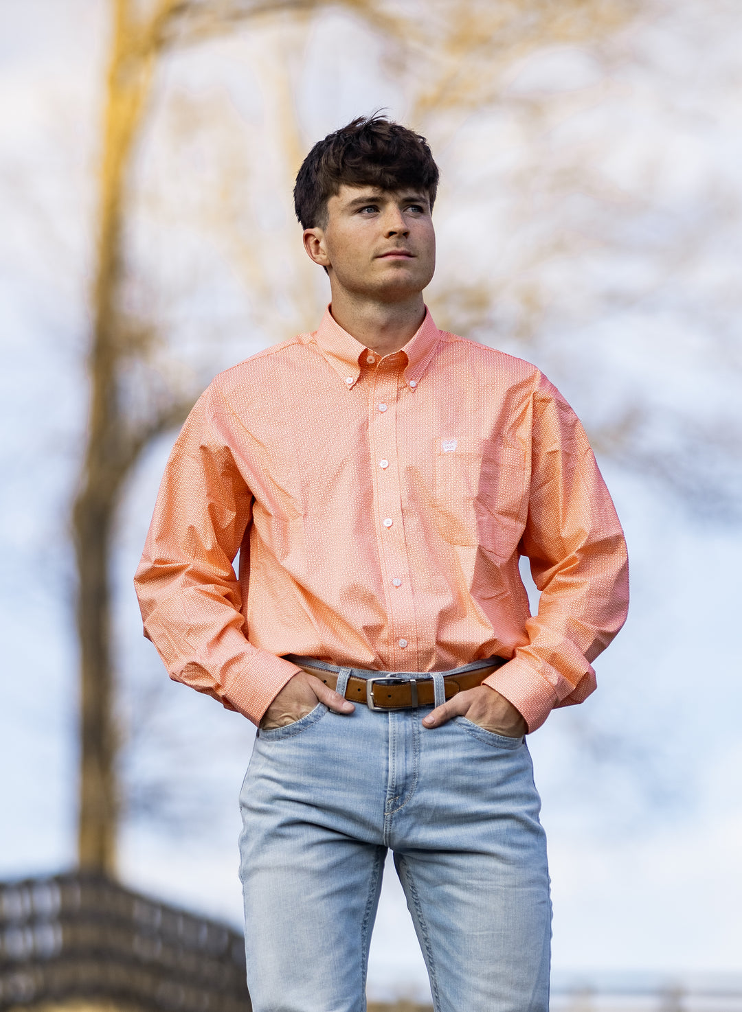 Cinch Men's L/S Shirt Print Orange MTW1106058 Shirt Button Down Long Sleeve Men's Shirt Cinch