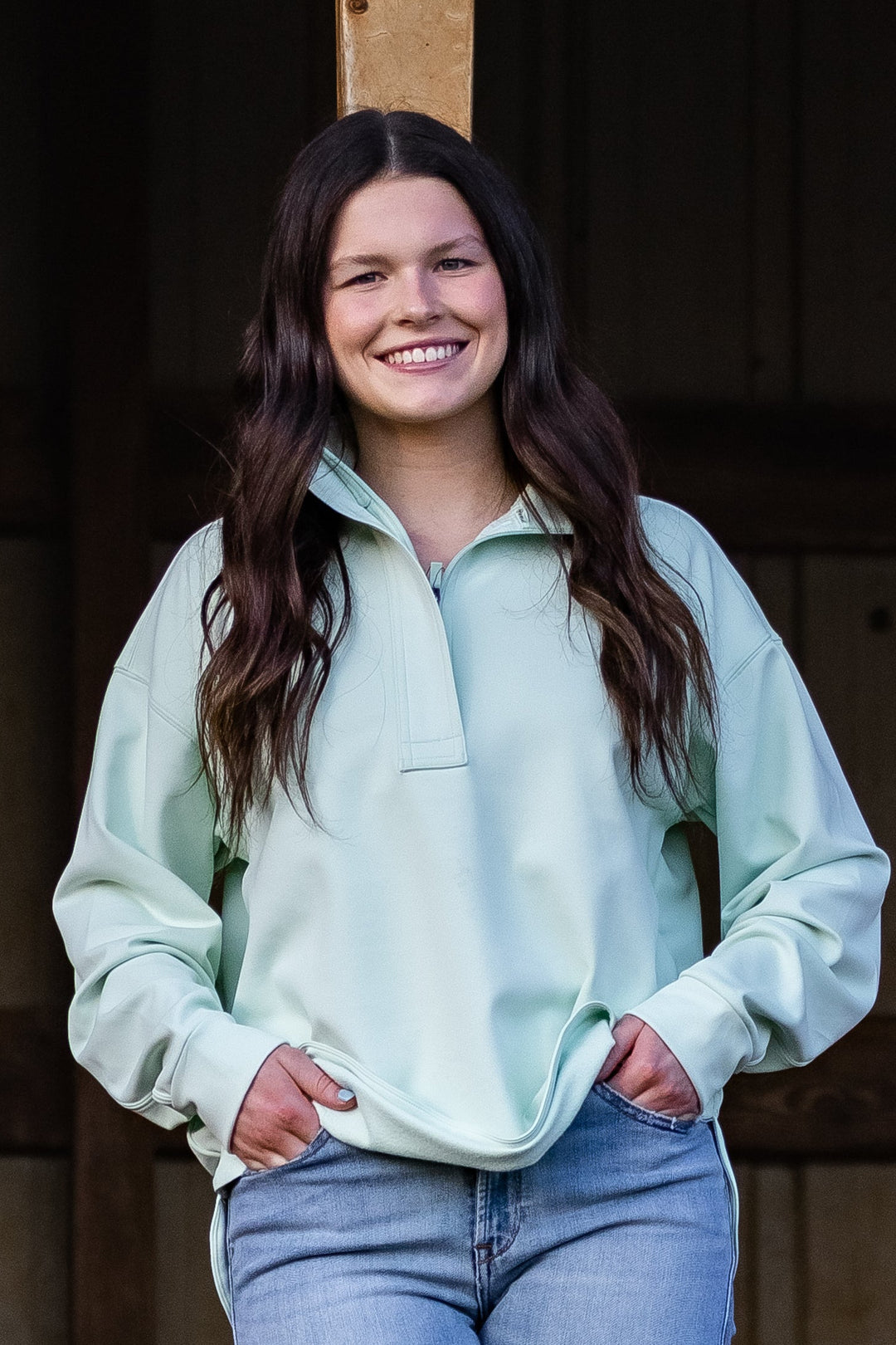 WMS Breeze Logo 1/2 Zip Sweatshirt DUSTY AQUA 10071259 Pullover ariat ariatwomens Women's Ariat