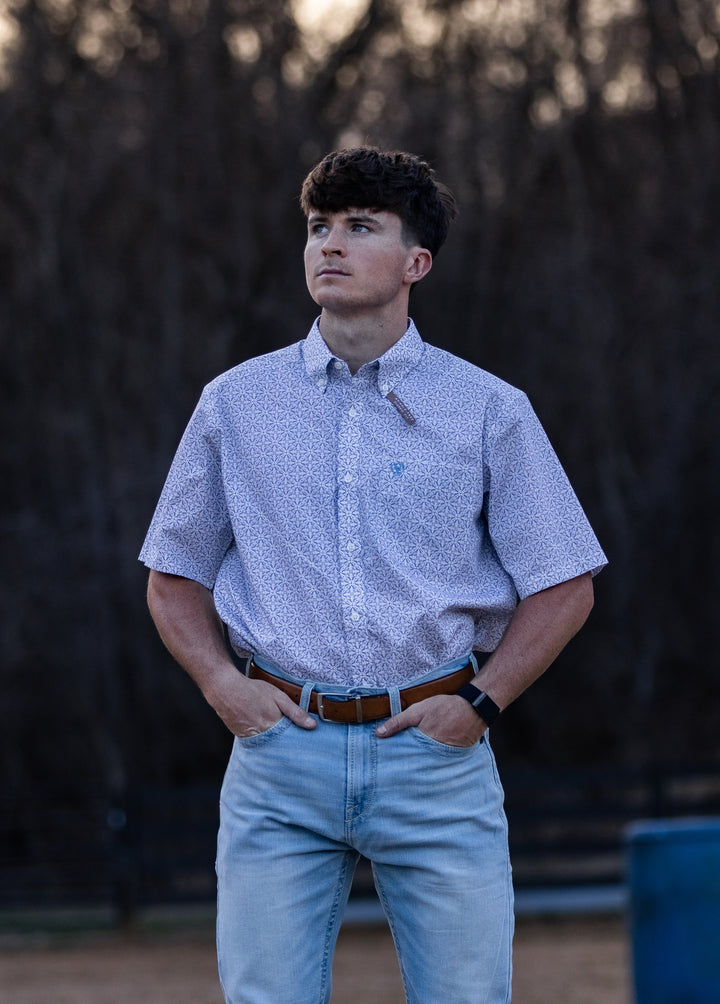 Men's Ariat Wrinkle Free Chris Classic Fit Shirt in White Geo Print 10071739 Shirt ariat ariatmens Button Up Men's Short Sleeve Ariat