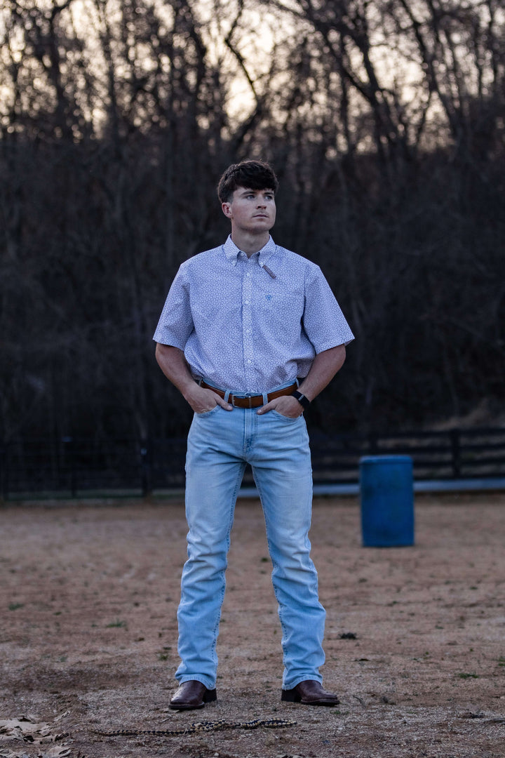 Men's Ariat Wrinkle Free Chris Classic Fit Shirt in White Geo Print 10071739 Shirt ariat ariatmens Button Up Men's Short Sleeve Ariat