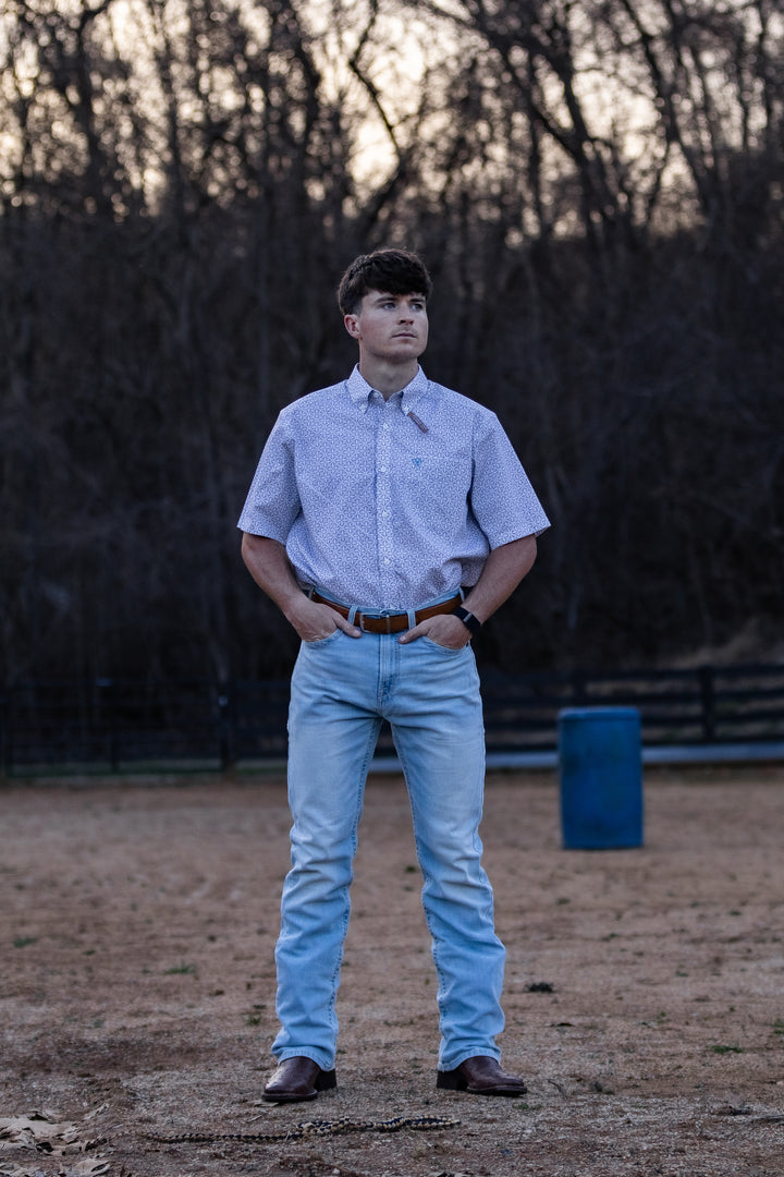 Men's Ariat Wrinkle Free Chris Classic Fit Shirt in White Geo Print 10071739 Shirt ariat ariatmens Button Up Men's Short Sleeve Ariat