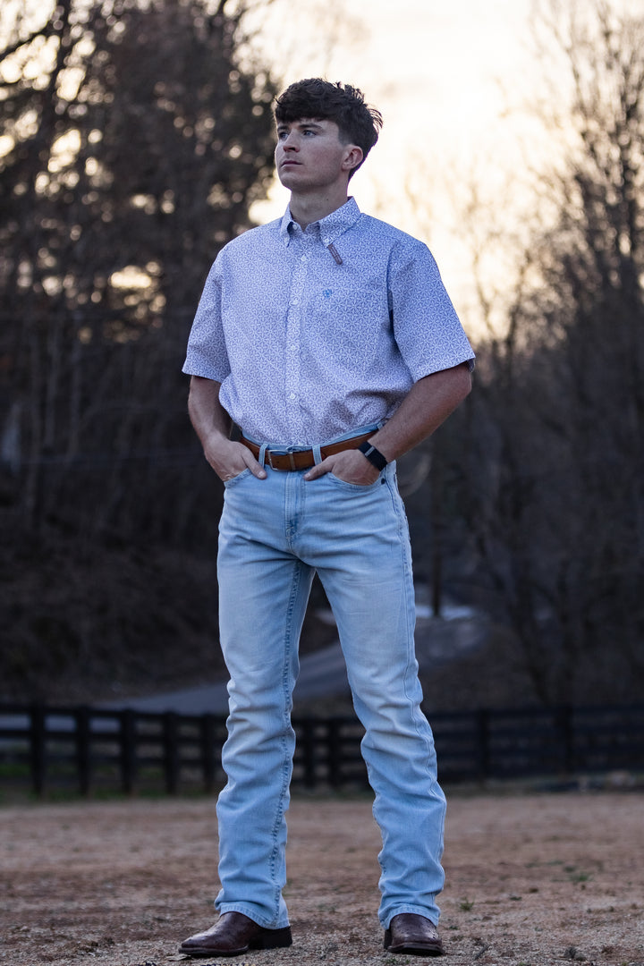Men's Ariat Wrinkle Free Chris Classic Fit Shirt in White Geo Print 10071739 Shirt ariat ariatmens Button Up Men's Short Sleeve Ariat